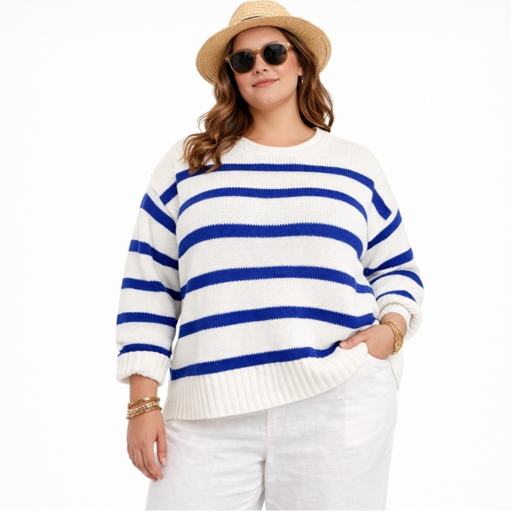 Lane Bryant Cotton Sweater chunky Shaker Knit White/Blue Striped 26/28 coastal